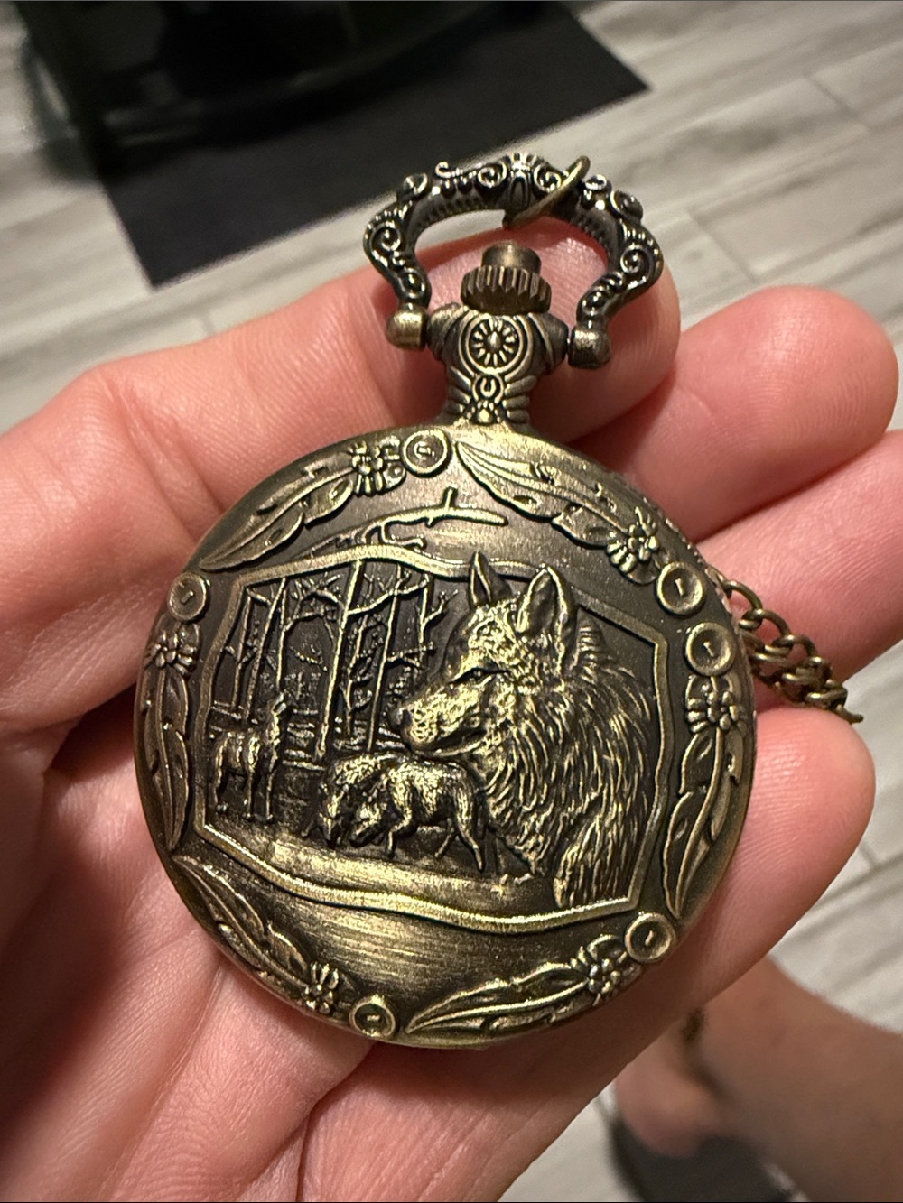Vintage style bronze wolf pocket watch